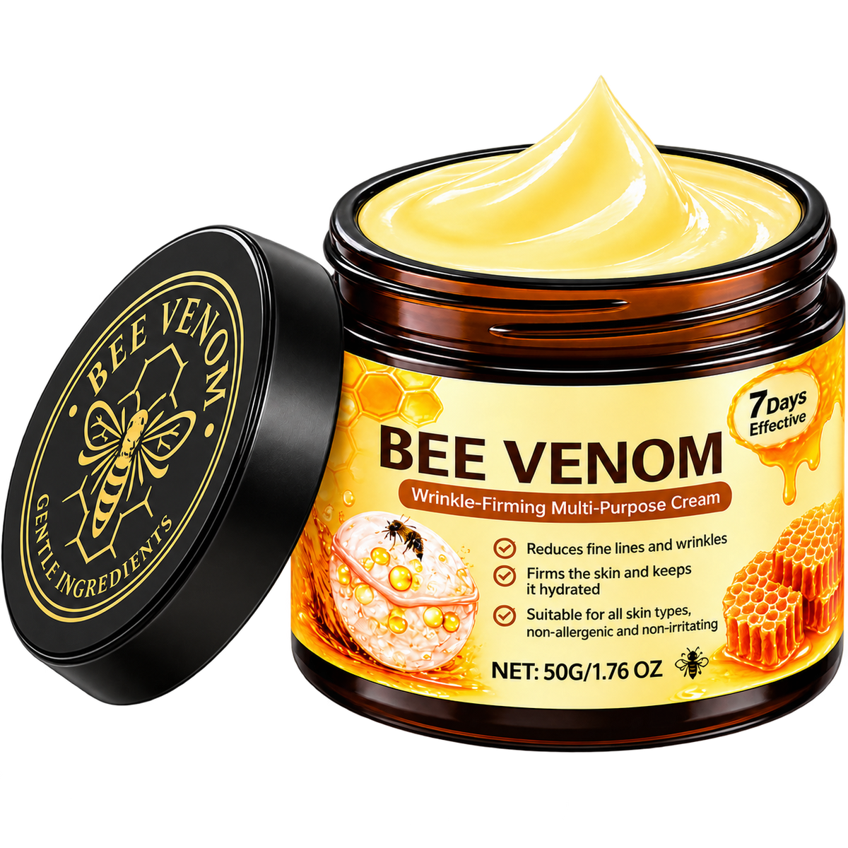 Koravela Bee Venom Firming Cream, open jar with lid resting beside it